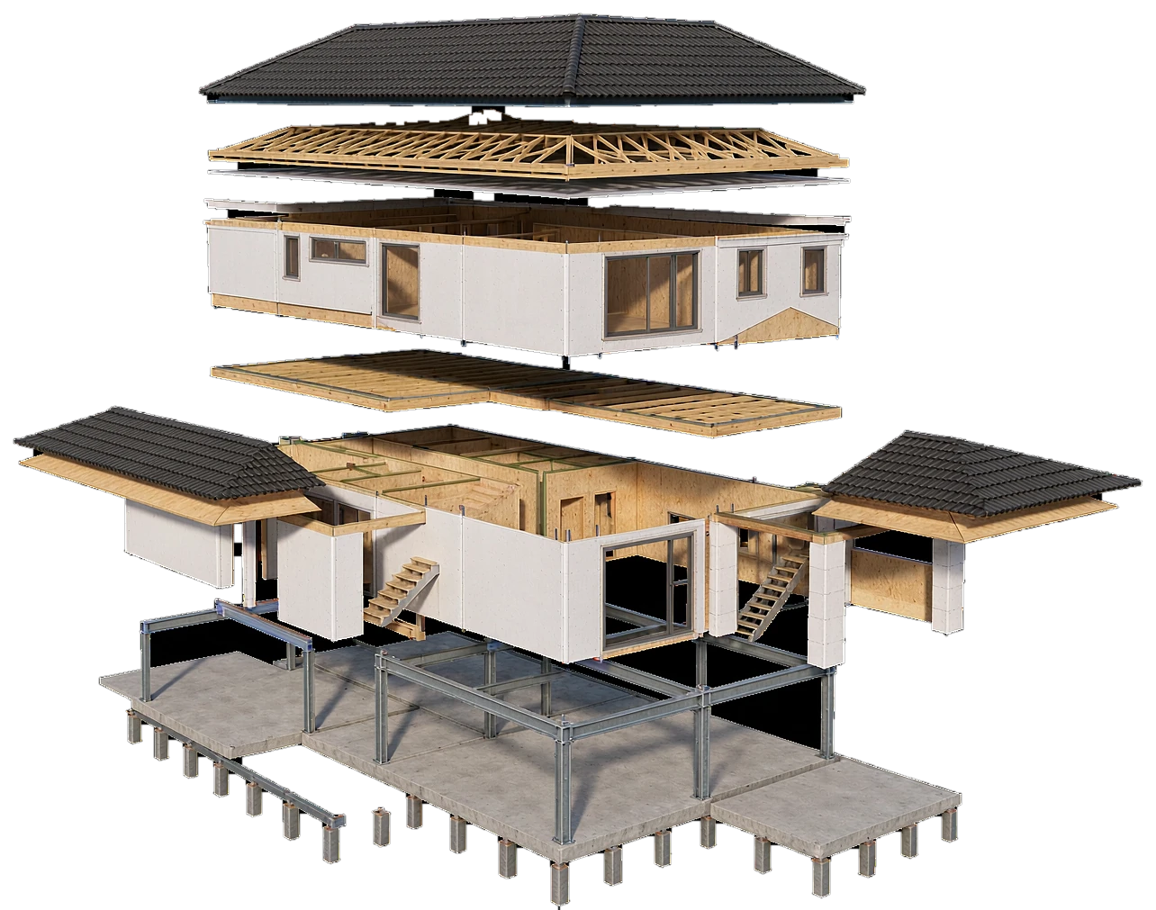 Exploded view of the complete kit: roof tiles, battens and membrane above timber trusses, wall panels with windows, floor panels, prefabricated stair modules, porch columns, a galvanised steel frame, concrete slab and foundation piles