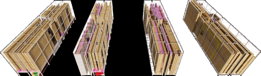 Container loading plan showing numbered wall, floor and roof components assigned to four 40HQ containers
