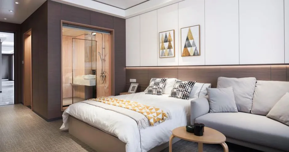 Completed interior with integrated wall, ceiling and bathroom systems