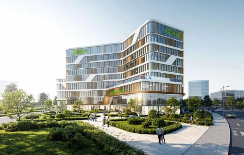 Seven-storey mass timber hybrid office building with glazed facade and timber louvres
