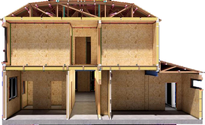 Cutaway building section showing roof truss module, insulated wall panels, floor cassette, steel structure and concrete slab